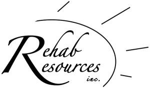 A black and white logo of rehab resources inc.